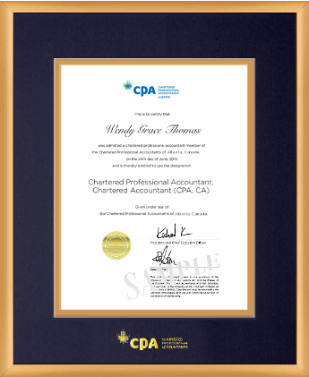 Satin gold metal frame for the new vertical 11x14 CPA certificates, with double mat board & gold CPA logo in a 14x18 frame. (SG-11X14-NPB/GLD.GFS AB frame with double mat board